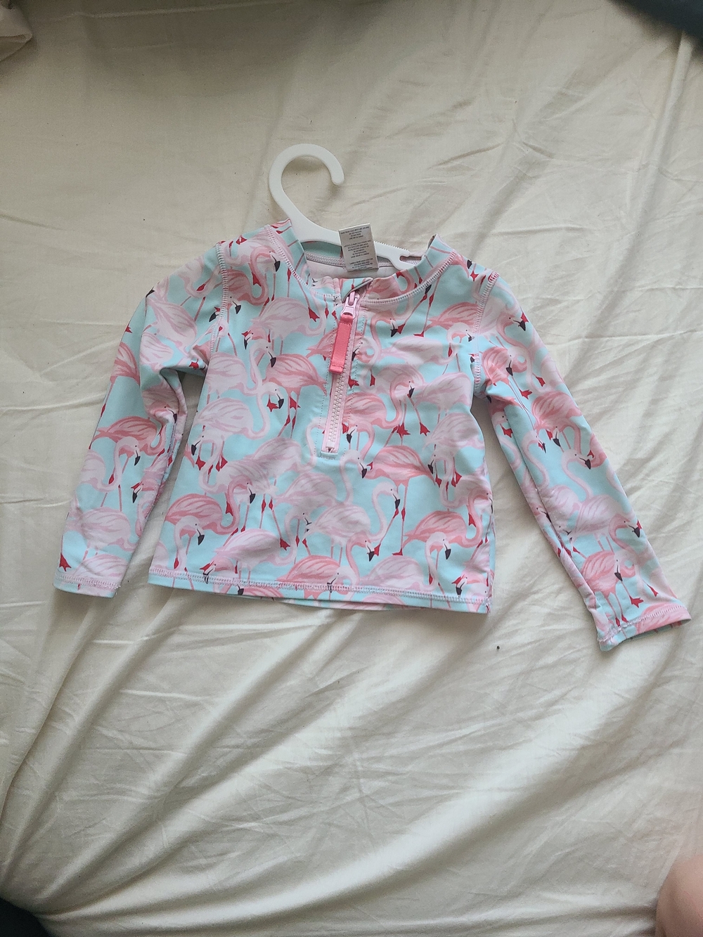 Ruffle Butts Pink Flamingo Long Sleeve Rashguard - Light Blue